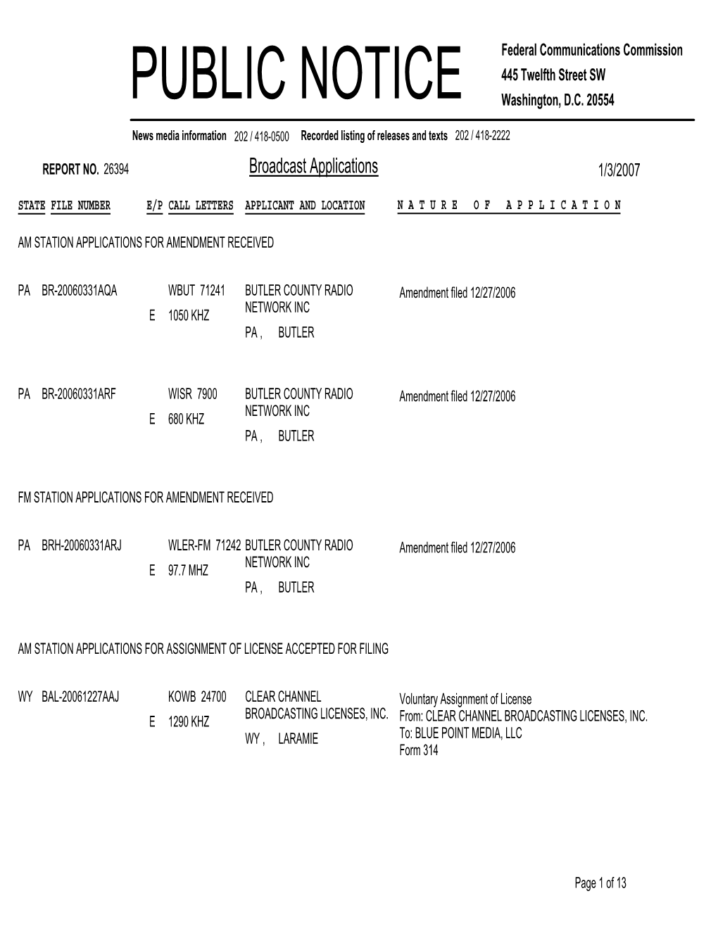 Broadcast Applications 1/3/2007