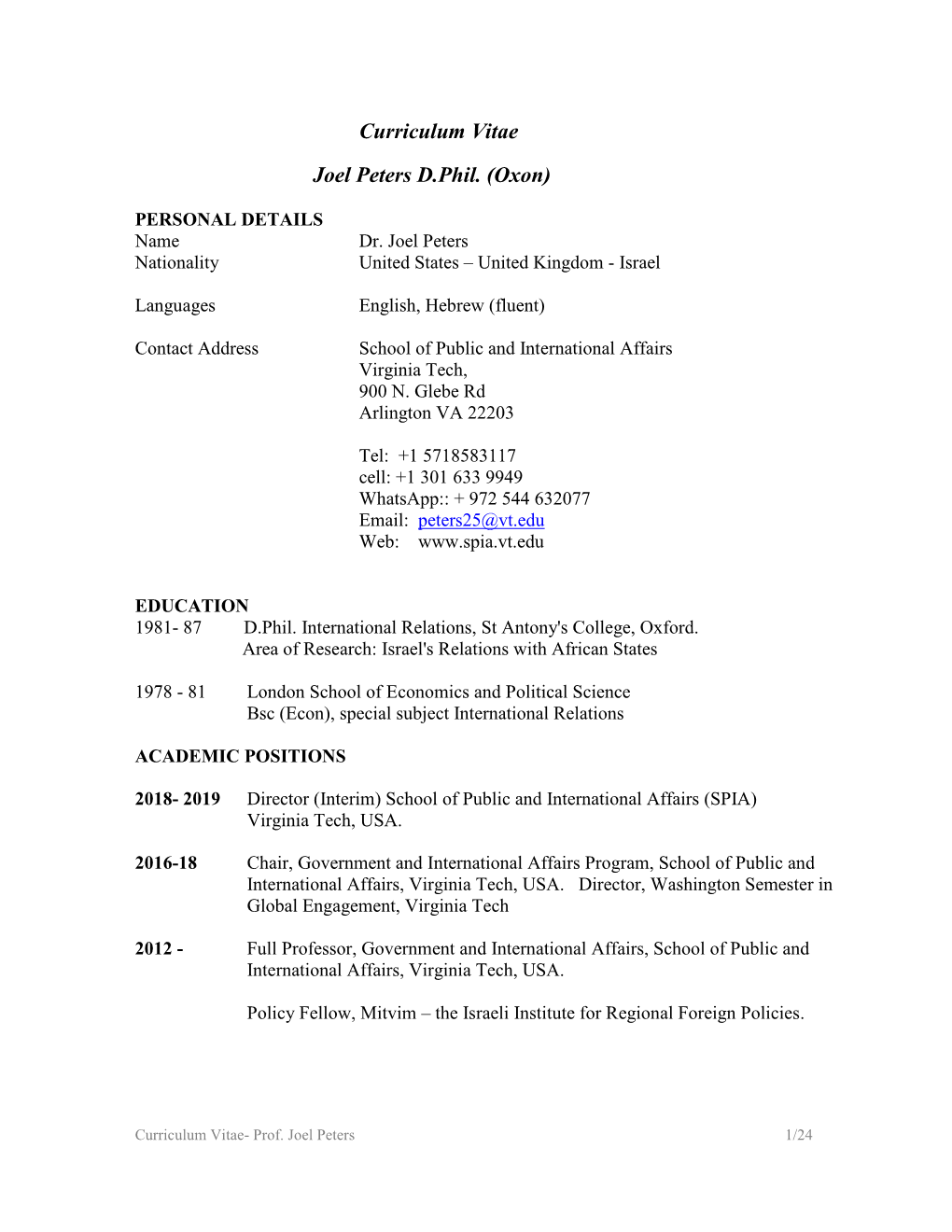 Curriculum Vitae Joel Peters D.Phil