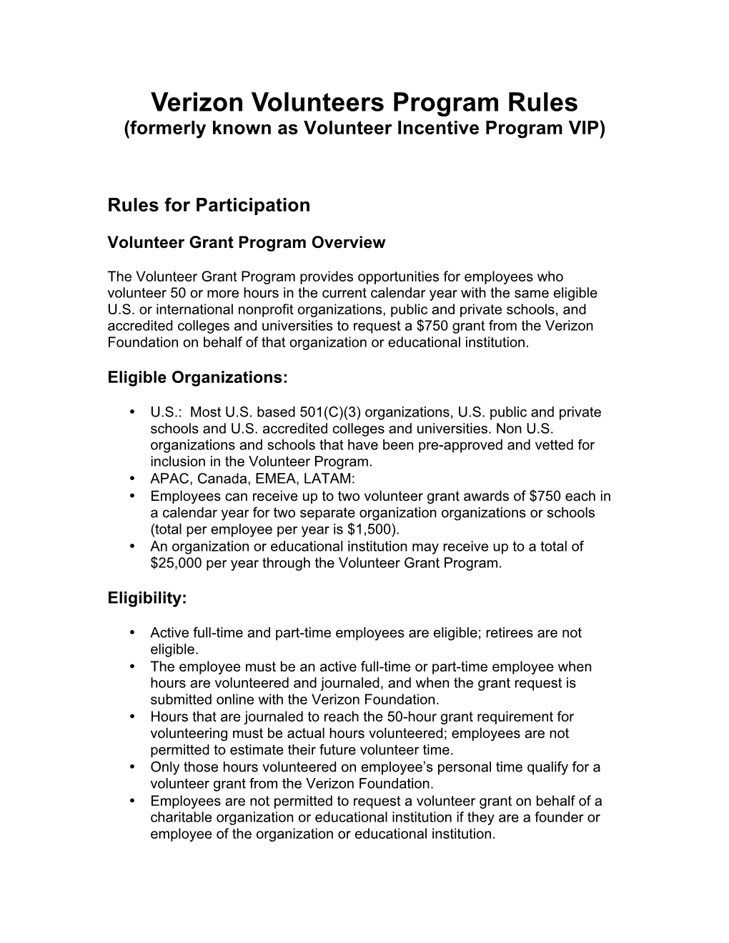 Verizon Volunteers Program Rules (Formerly Known As Volunteer Incentive Program VIP)