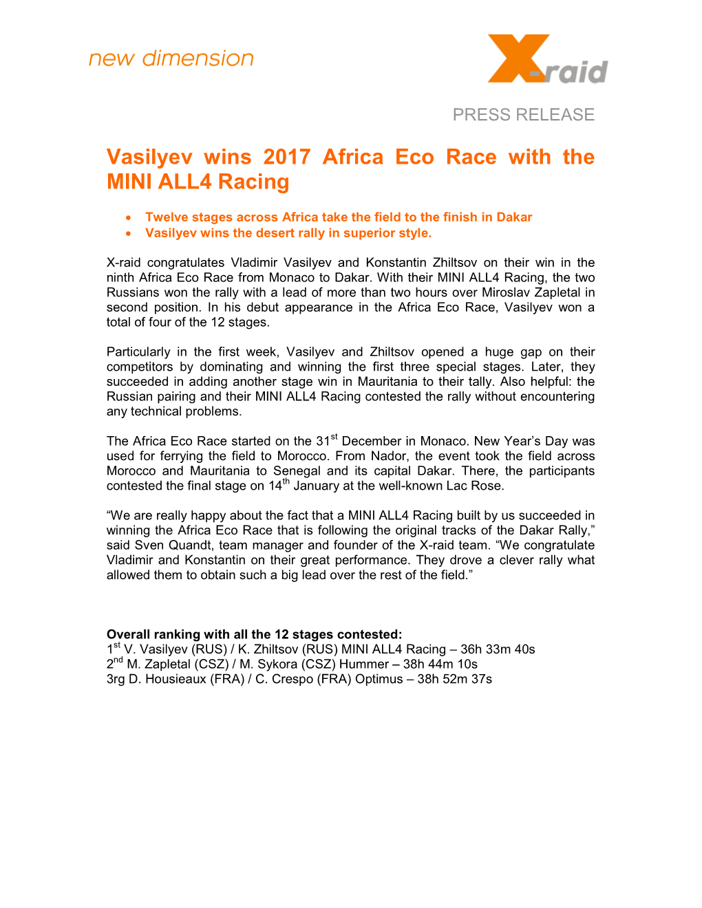 Vasilyev Wins 2017 Africa Eco Race with the MINI ALL4 Racing