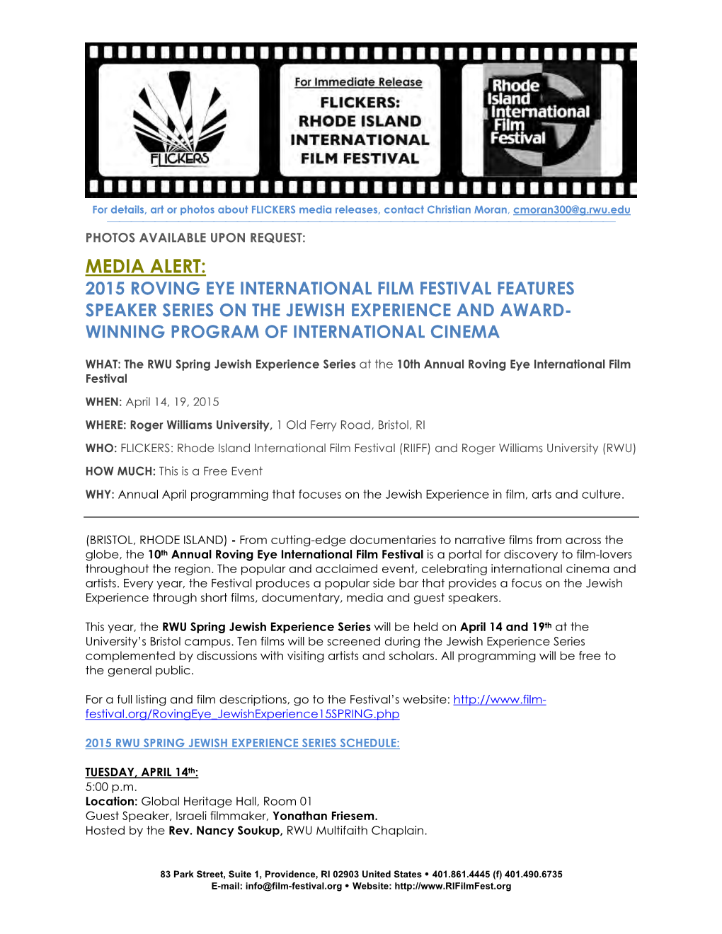 Media Alert: 2015 Roving Eye International Film Festival Features Speaker Series on the Jewish Experience and Award- Winning Program of International Cinema