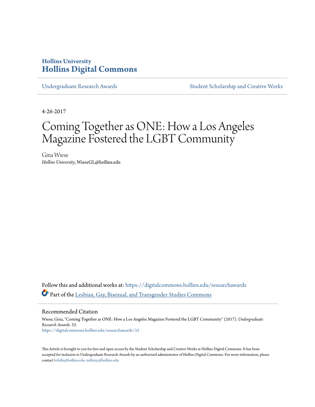 How a Los Angeles Magazine Fostered the LGBT Community Gina Wiese Hollins University, Wiesegl@Hollins.Edu