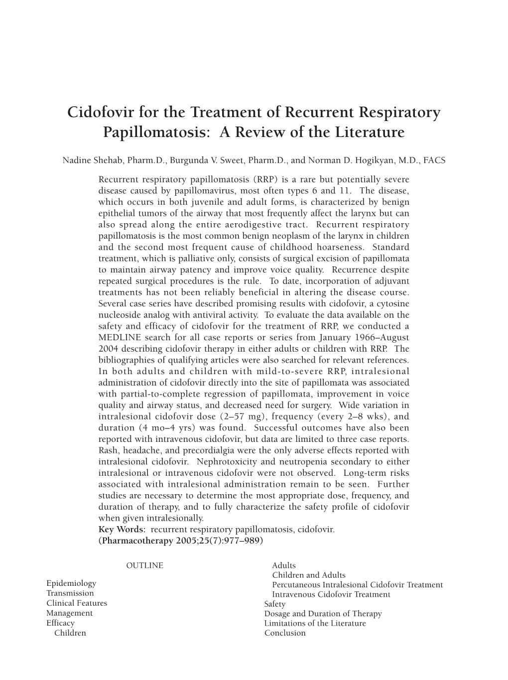 Cidofovir for the Treatment of Recurrent Respiratory Papillomatosis: a Review of the Literature