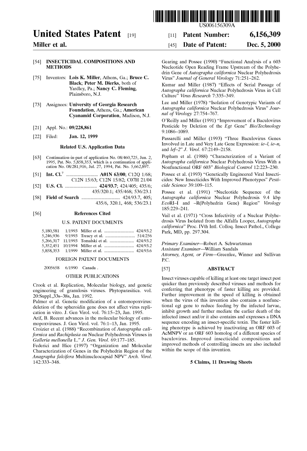 United States Patent (19) 11 Patent Number: 6,156,309 Miller Et Al