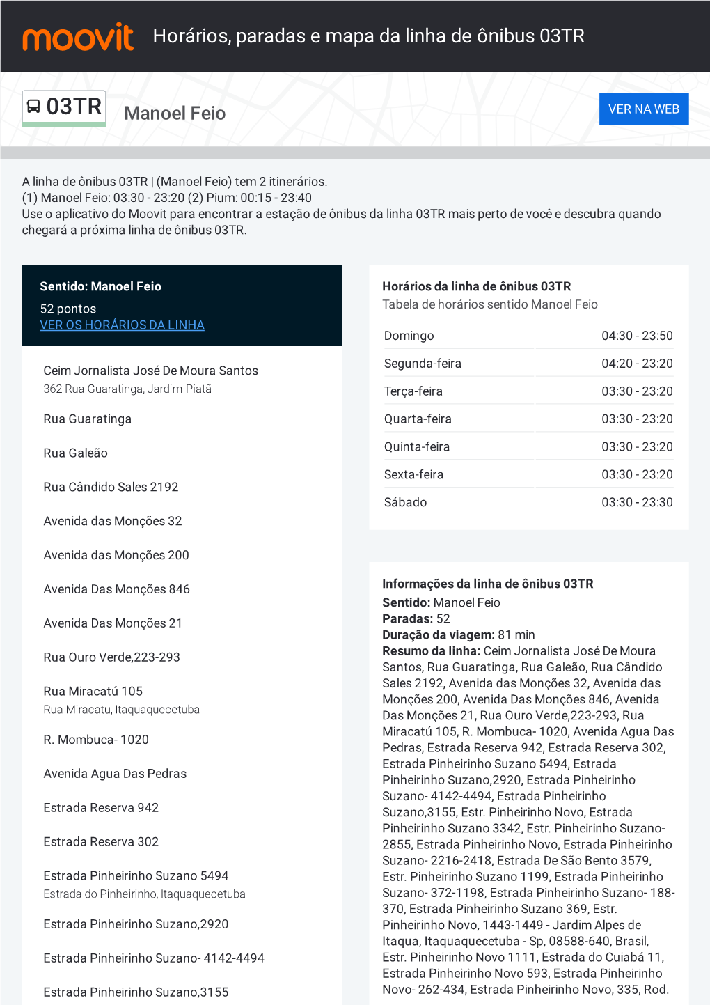 Horários, Paradas E Mapa Da Linha De Ônibus 03TR