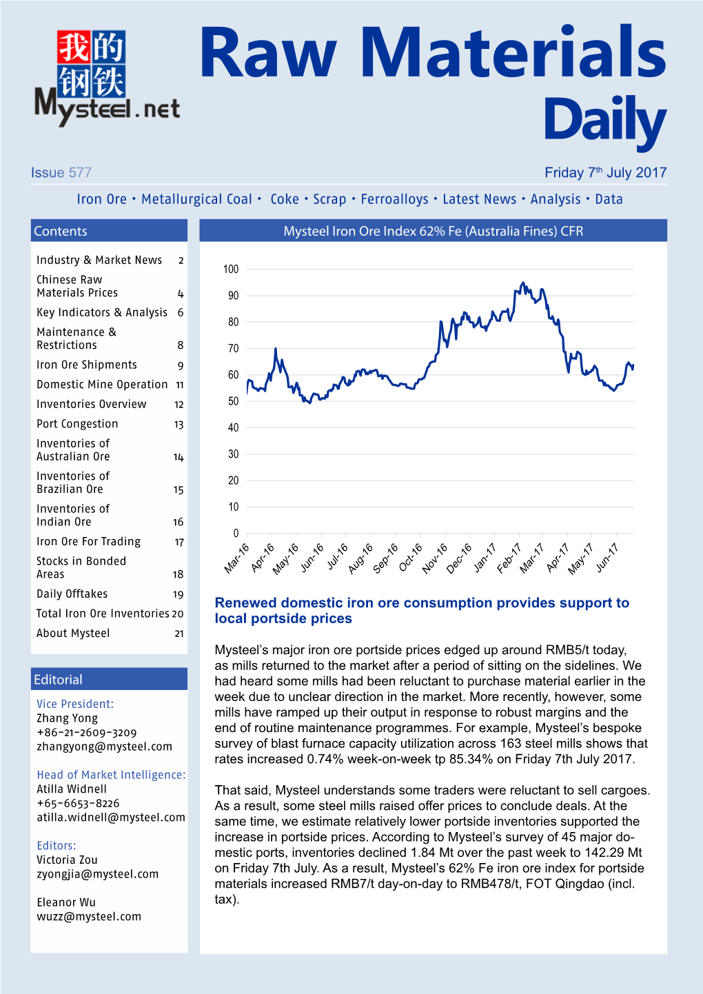 Raw Materials Daily Issue 577 Friday 7Th July 2017 Iron Ore • Metallurgical Coal • Coke • Scrap • Ferroalloys • Latest News • Analysis • Data