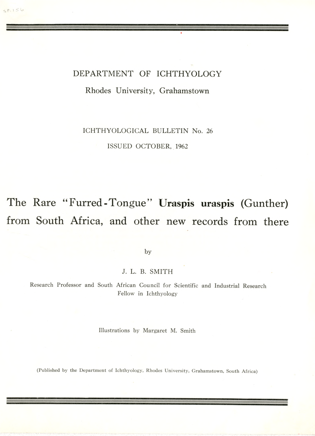 The Rare “Furred-Tongue” Uraspis Uraspis (Gunther) from South Africa, and Other New Records from There