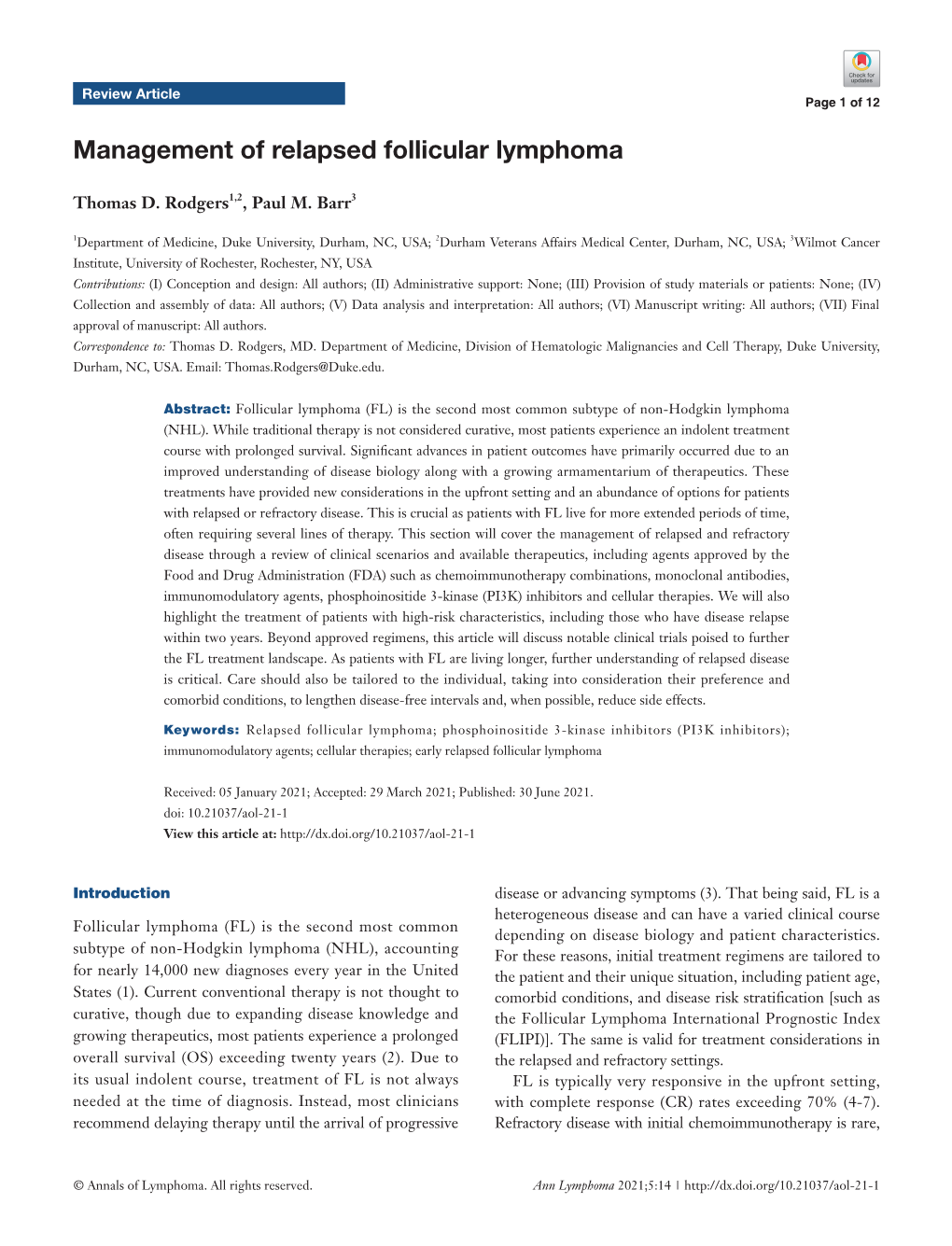 Management of Relapsed Follicular Lymphoma