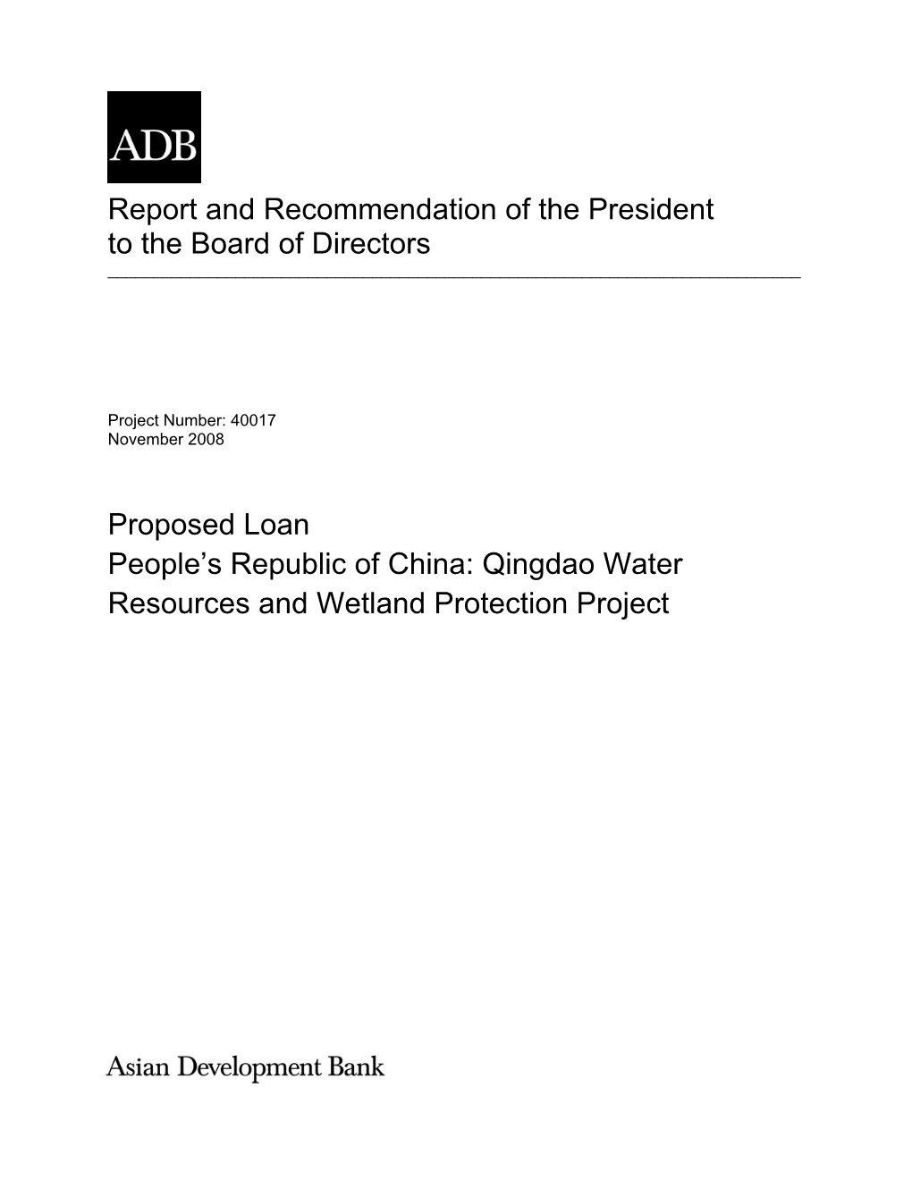 Qingdao Water Resources and Wetland Protection Project