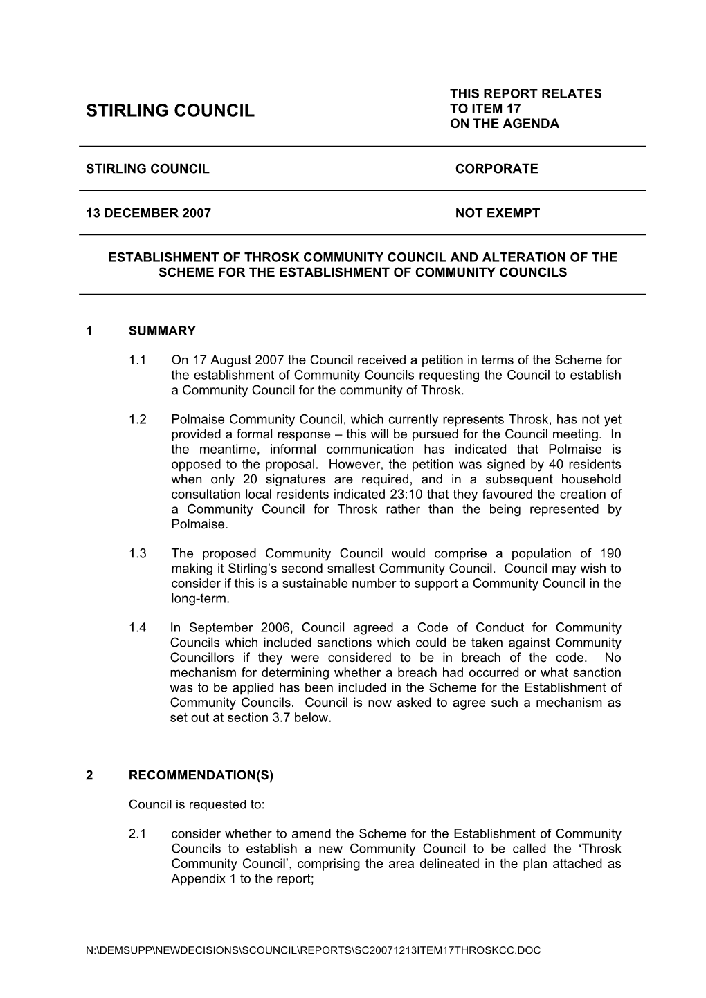 Sc106 Establishment of Throsk Community Council and Alteration Of