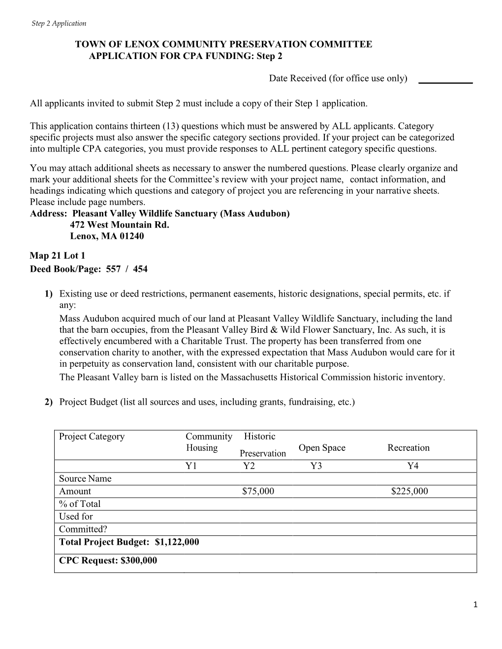 TOWN of LENOX COMMUNITY PRESERVATION COMMITTEE APPLICATION for CPA FUNDING: Step 2