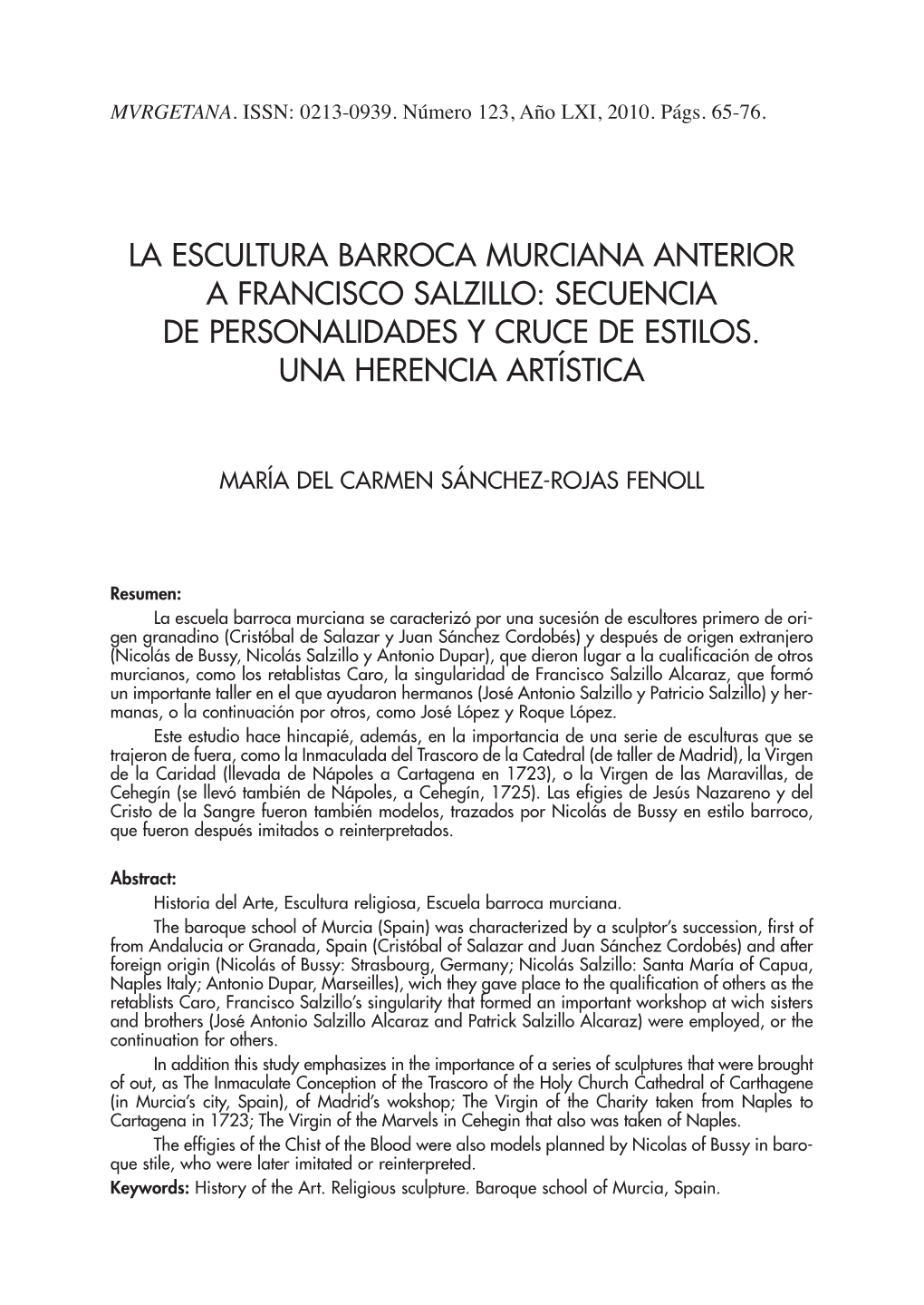 La Escultura Barroca Murciana Anterior a Francisco Salzillo: Secuencia De Personalidades Y Cruce De Estilos