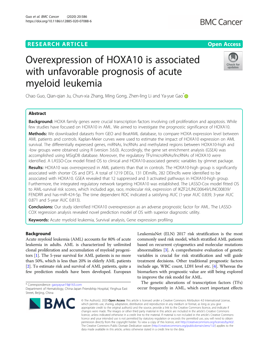 Overexpression of HOXA10 Is Associated with Unfavorable