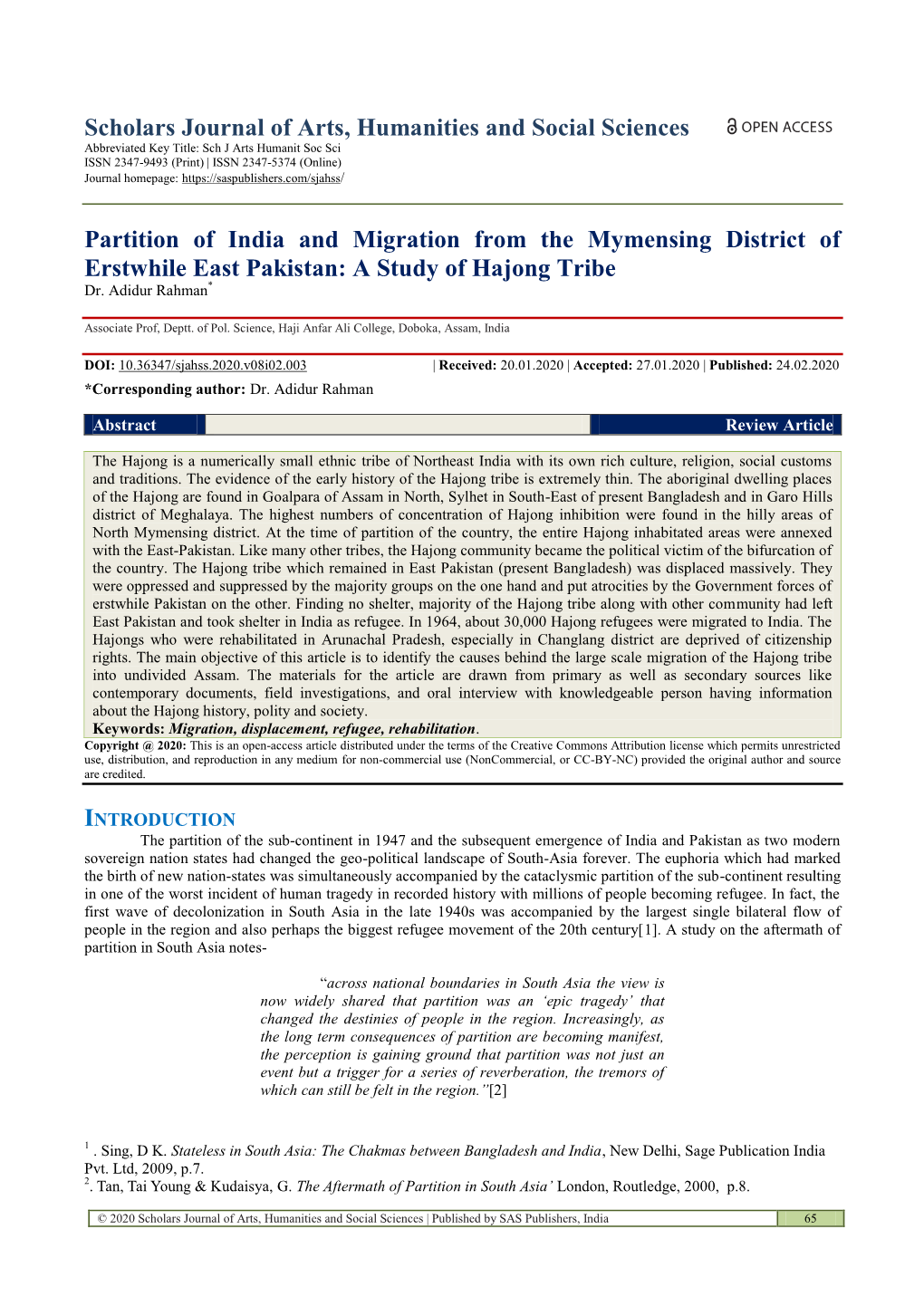 Scholars Journal of Arts, Humanities and Social Sciences Partition Of