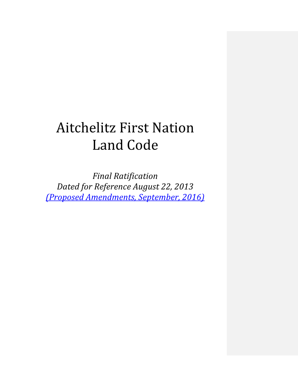 Aitchelitz First Nation Land Code