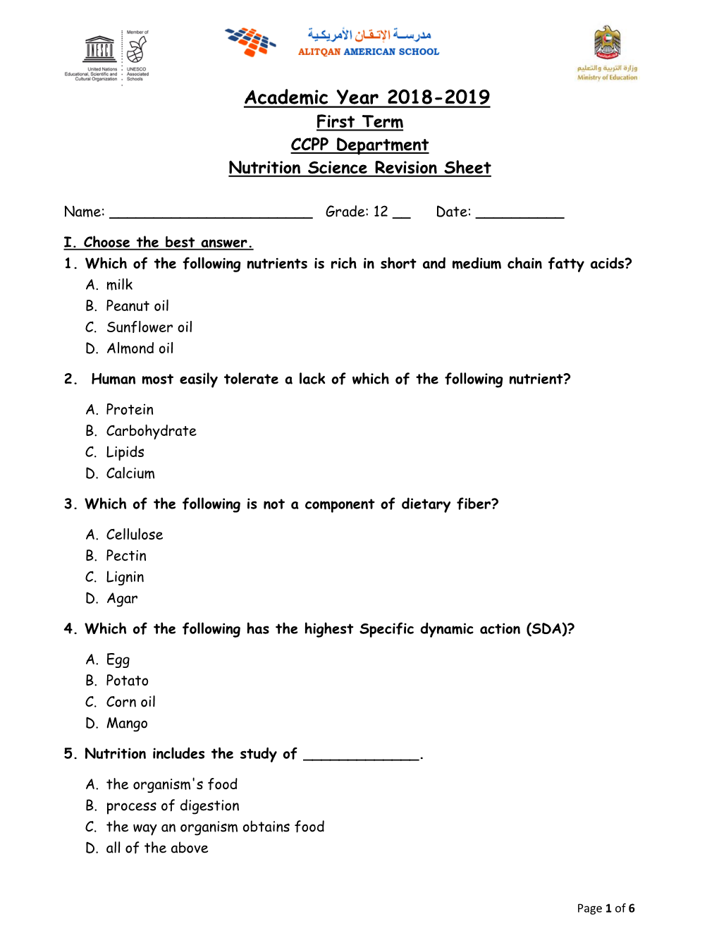 Nutrition Science Revision Sheet