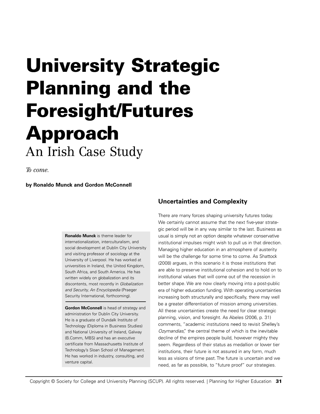 University Strategic Planning and the Foresight/Futures Approach an Irish Case Study