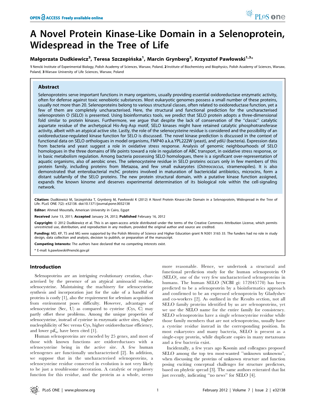 A Novel Protein Kinase-Like Domain in a Selenoprotein, Widespread in the Tree of Life