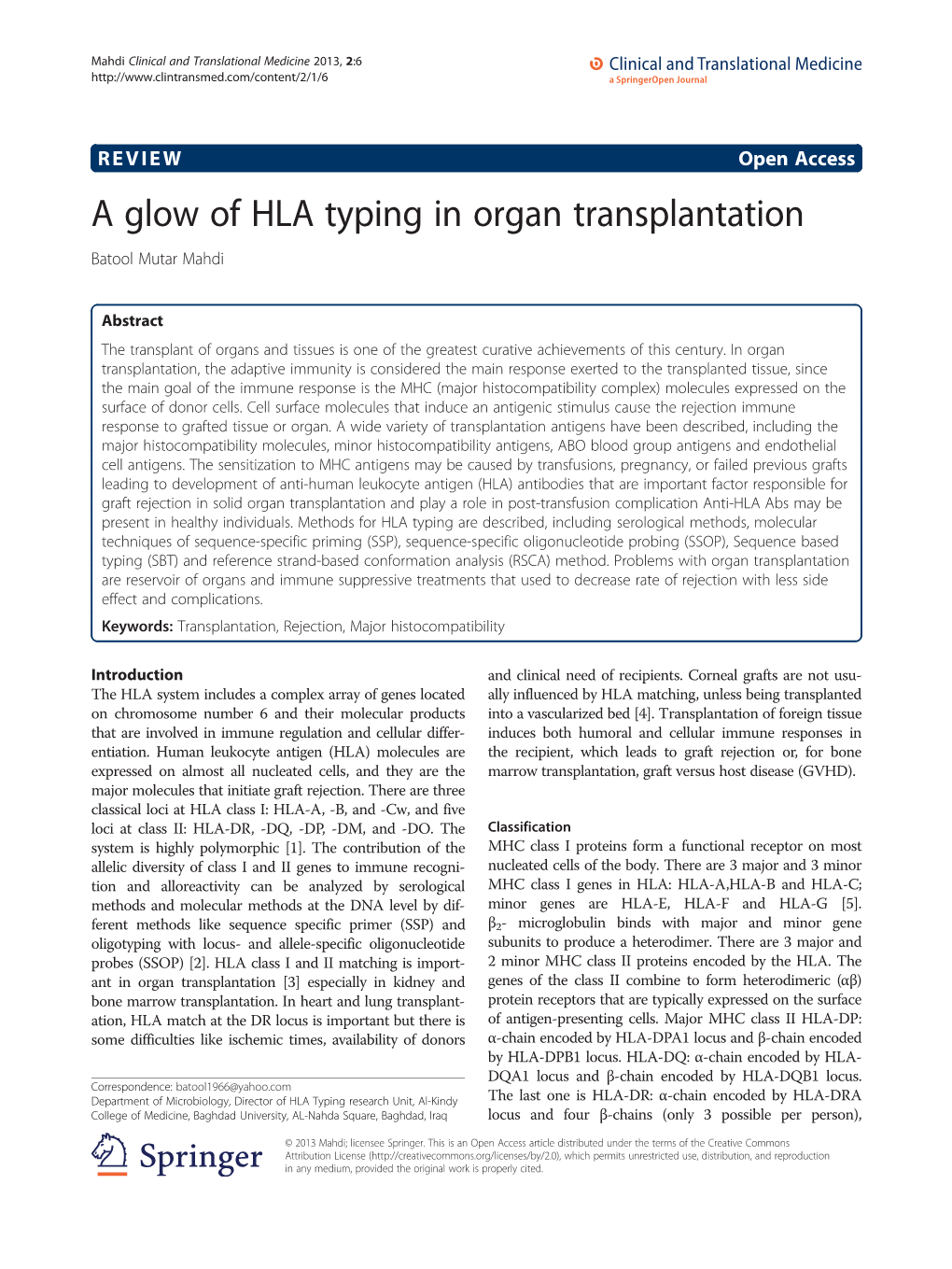 A Glow of HLA Typing in Organ Transplantation Batool Mutar Mahdi