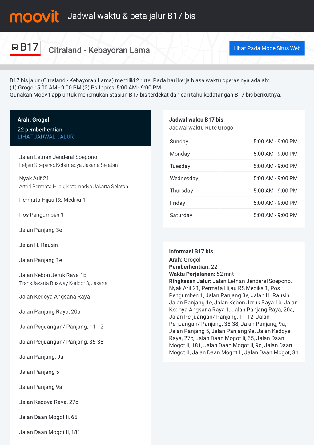 Jadwal Waktu & Peta Jrute Alur B17