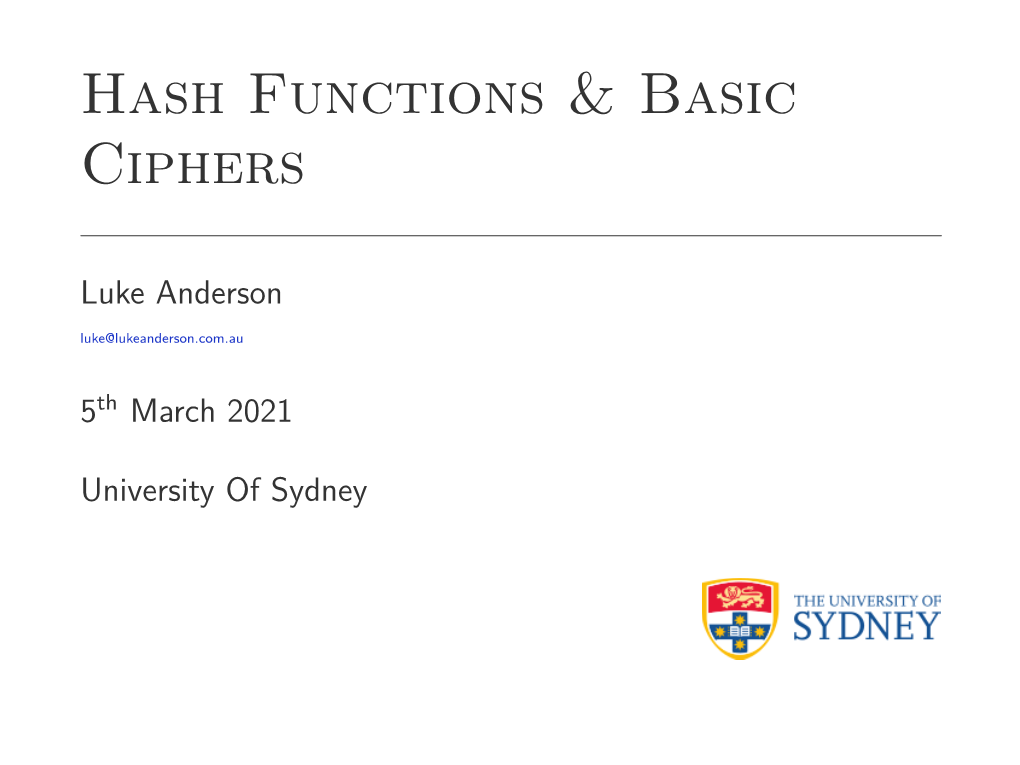 Hash Functions & Basic Ciphers
