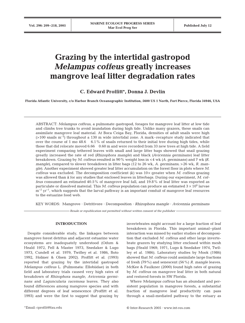 Grazing by the Intertidal Gastropod Melampus Coffeus Greatly Increases Mangrove Leaf Litter Degradation Rates