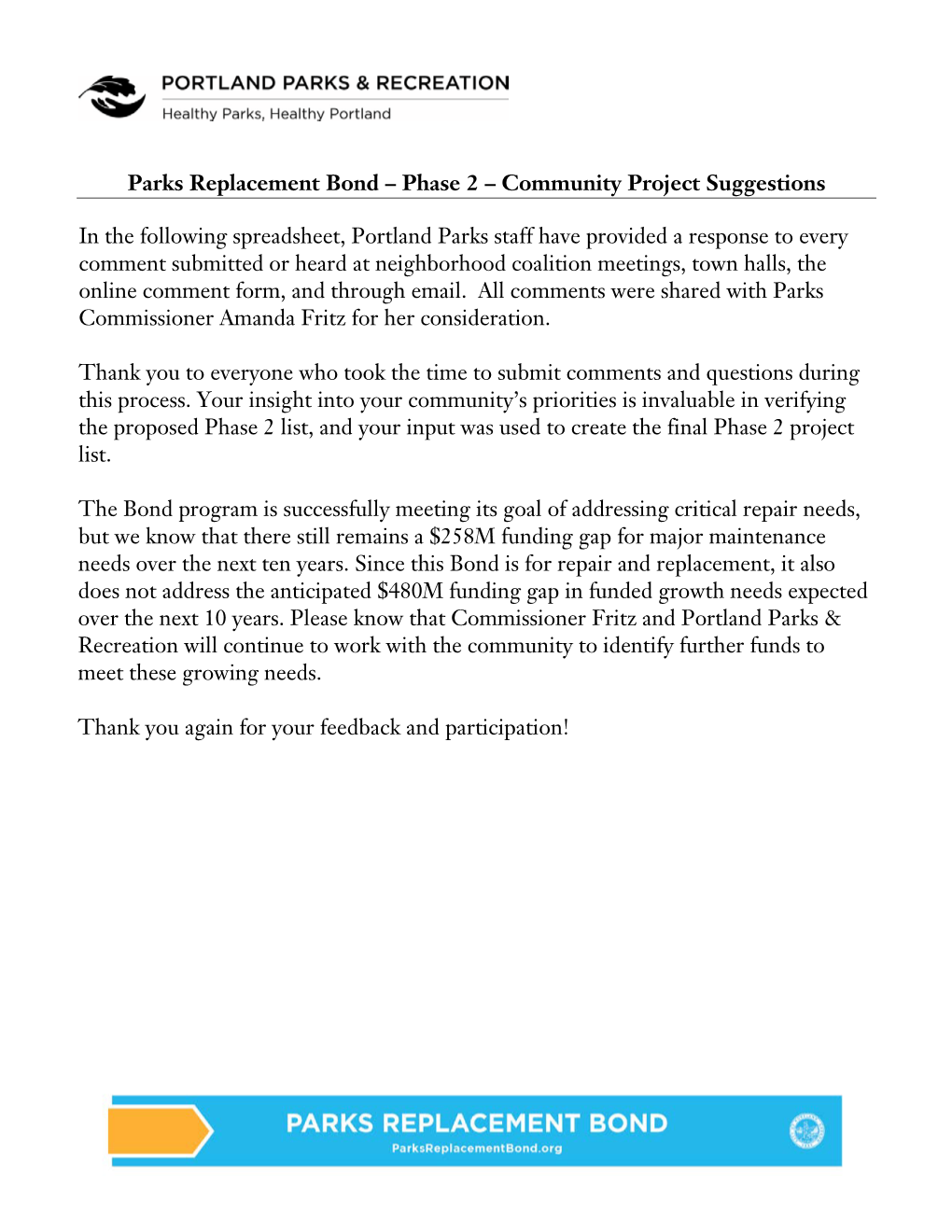 Parks Replacement Bond – Phase 2 – Community Project Suggestions