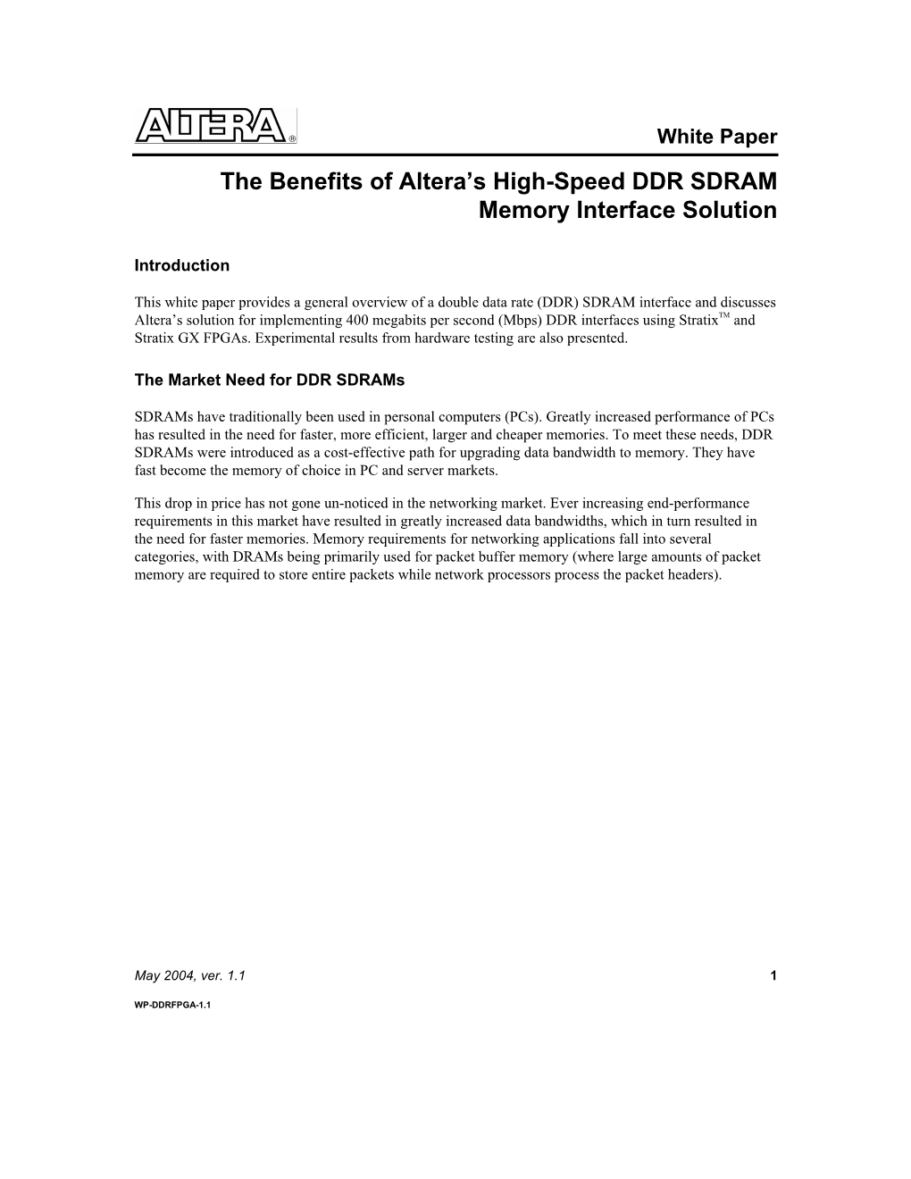 The Benefits of Altera's High-Speed DDR SDRAM Memory Interface