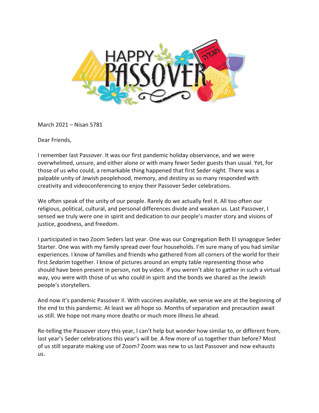 Passover Message from Rabbi Ron Shulman