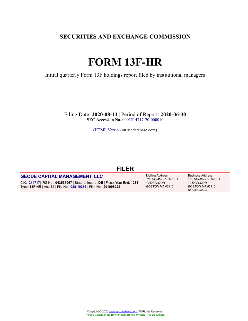 GEODE CAPITAL MANAGEMENT, LLC Form 13F-HR Filed 2020-08-13