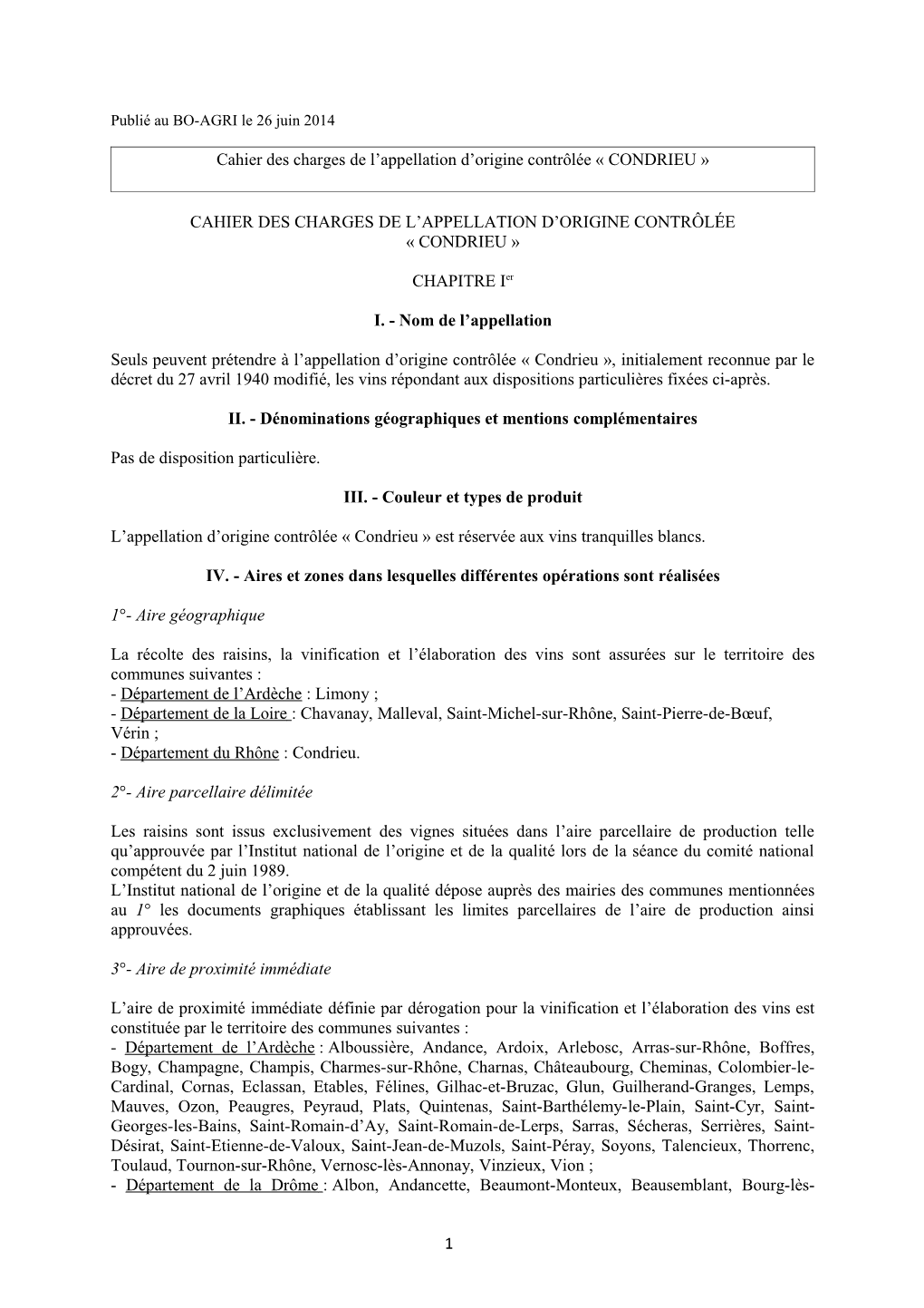 Cahier Des Charges De L'appellation D'origine Contrôlée Condrieu