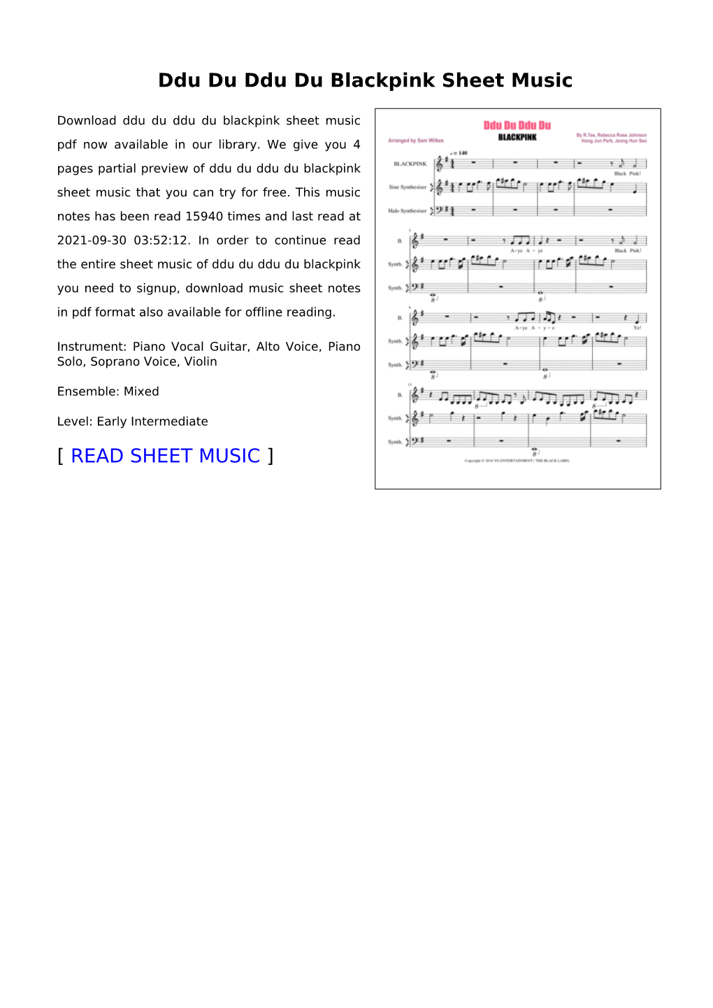 Ddu Du Ddu Du Blackpink Sheet Music