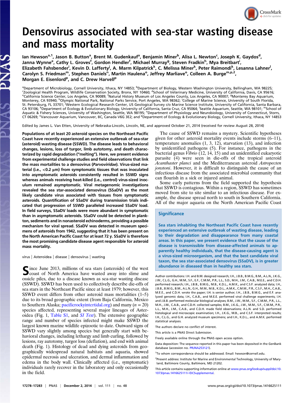 Densovirus Associated with Sea-Star Wasting Disease and Mass Mortality