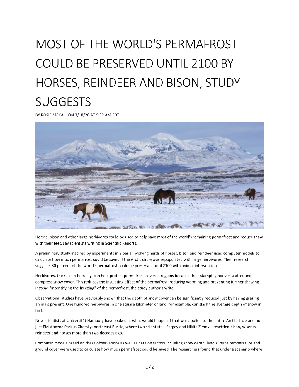 Most of the World's Permafrost Could Be Preserved Until 2100 by Horses, Reindeer and Bison, Study Suggests by Rosie Mccall on 3/18/20 at 9:32 Am Edt