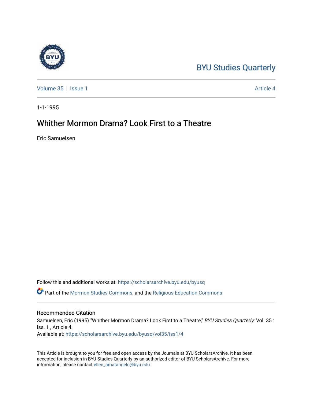 Whither Mormon Drama? Look First to a Theatre