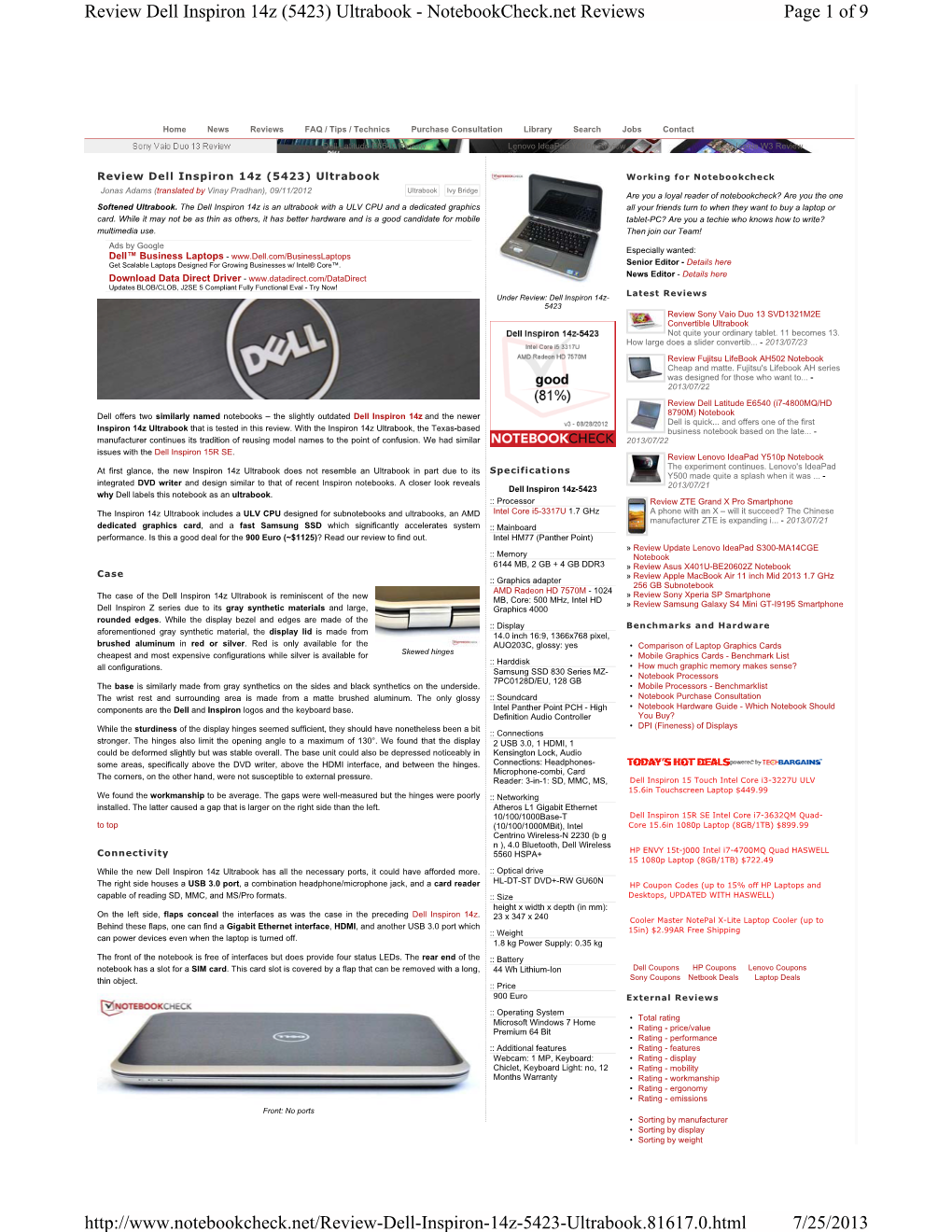 Review Dell Inspiron 14Z (5423) Ultrabook - Notebookcheck.Net Reviews Page 1 of 9