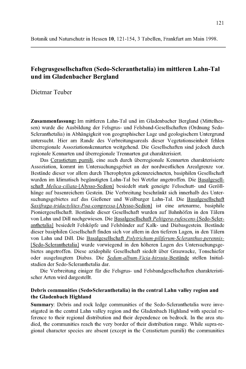 Felsgrusgesellschaften (Sedo-Scleranthetalia) Im Mittleren Lahn-Tal Und Im Gladenbacher Bergland
