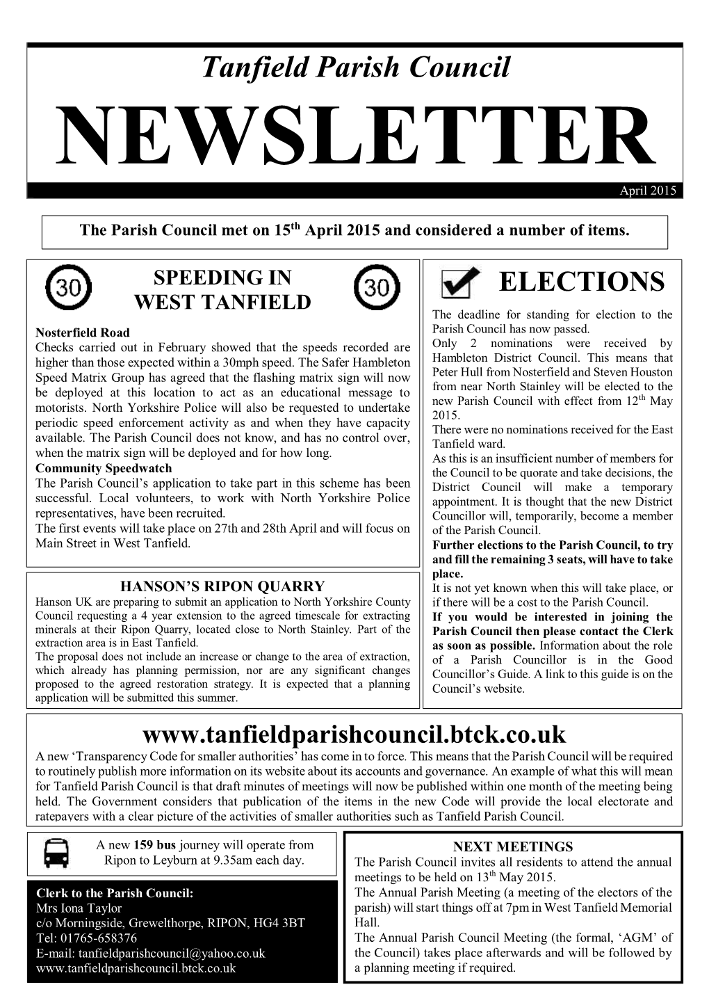 Tanfield Parish Council NEWSLETTER April 2015