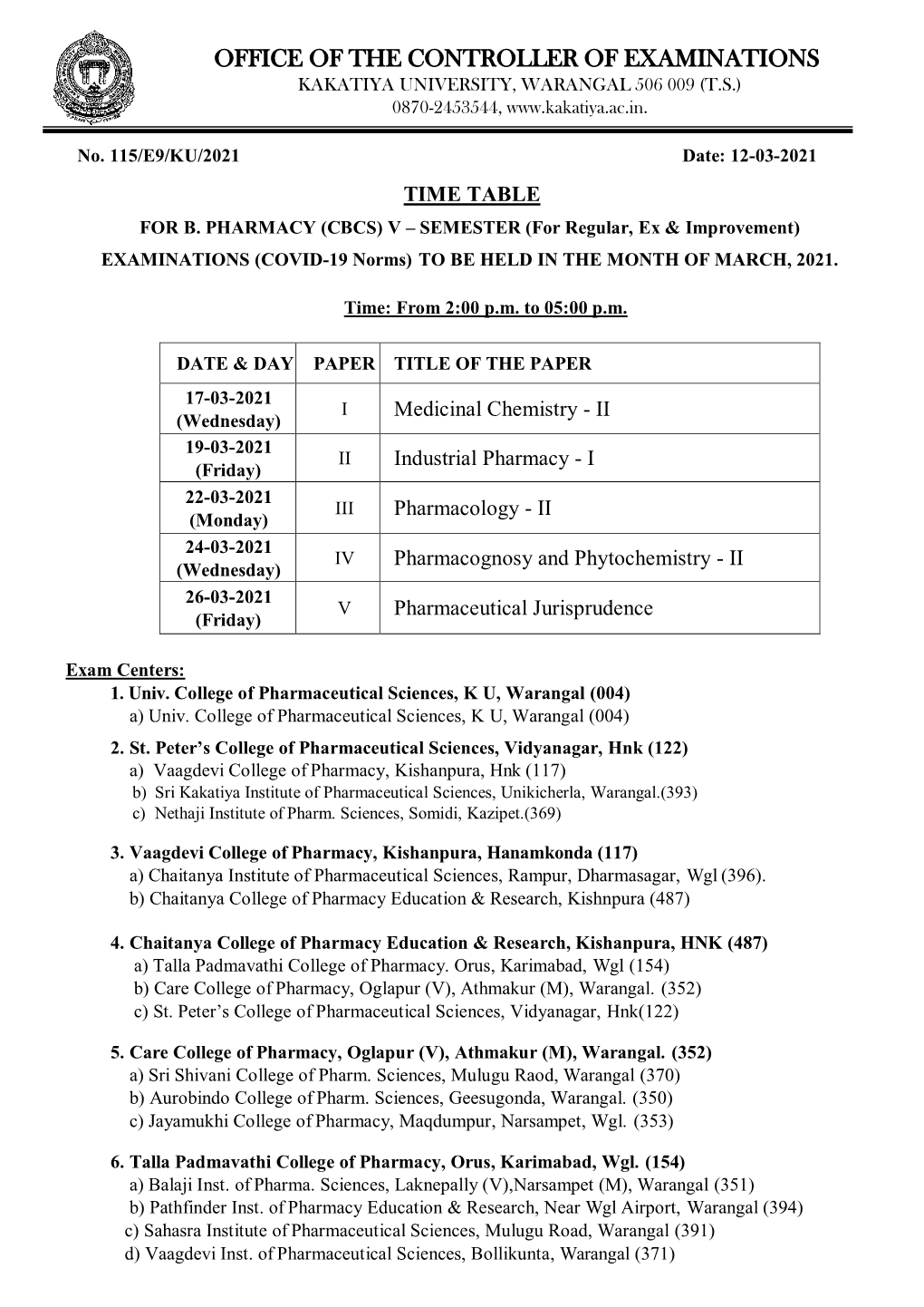 Office of the Controller of Examinations Kakatiya University, Warangal 506 009 (T.S.) 0870-2453544