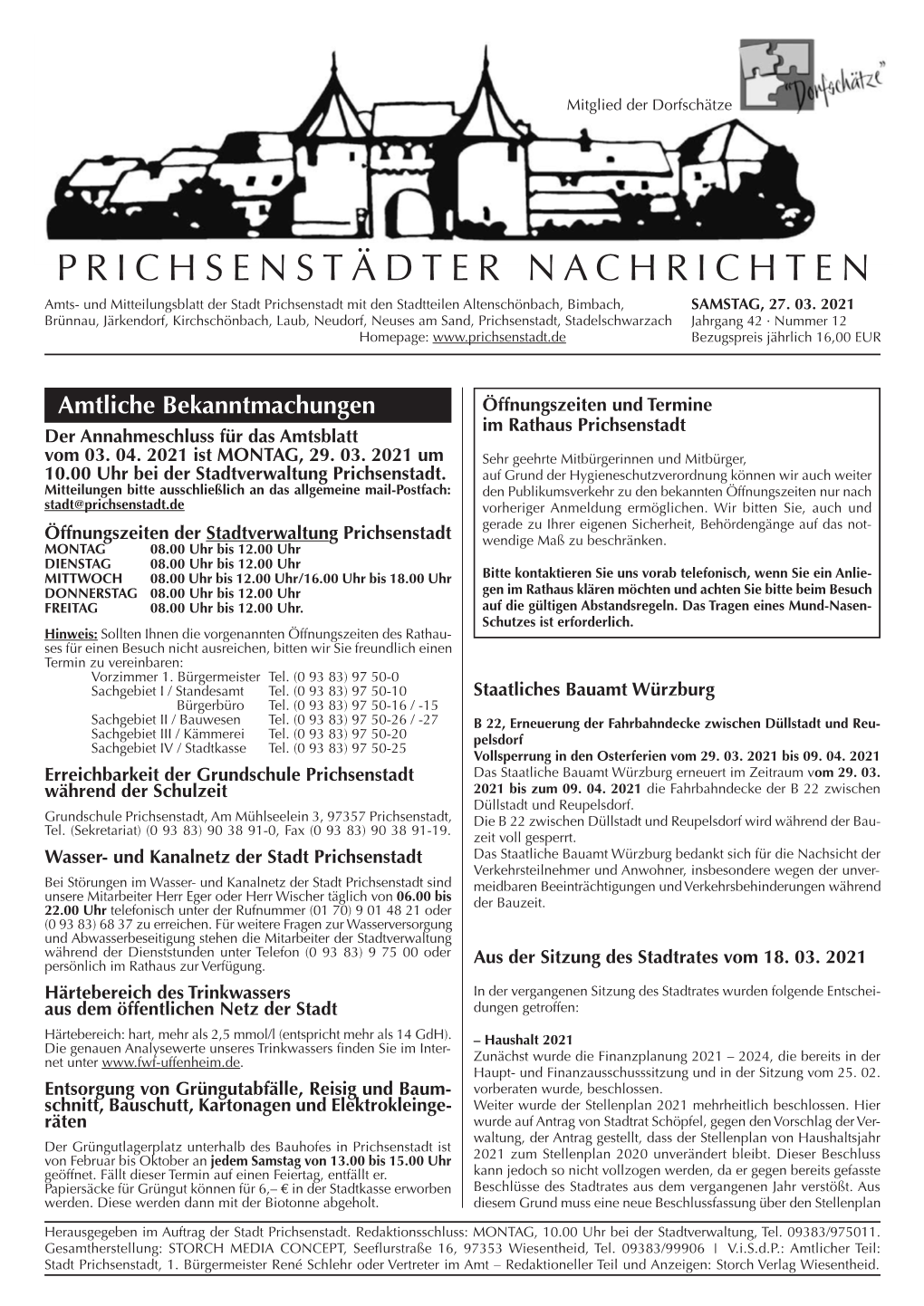PRICHSENSTÄDTER NACHRICHTEN Amts- Und Mitteilungsblatt Der Stadt Prichsenstadt Mit Den Stadtteilen Altenschönbach, Bimbach, SAMSTAG, 27