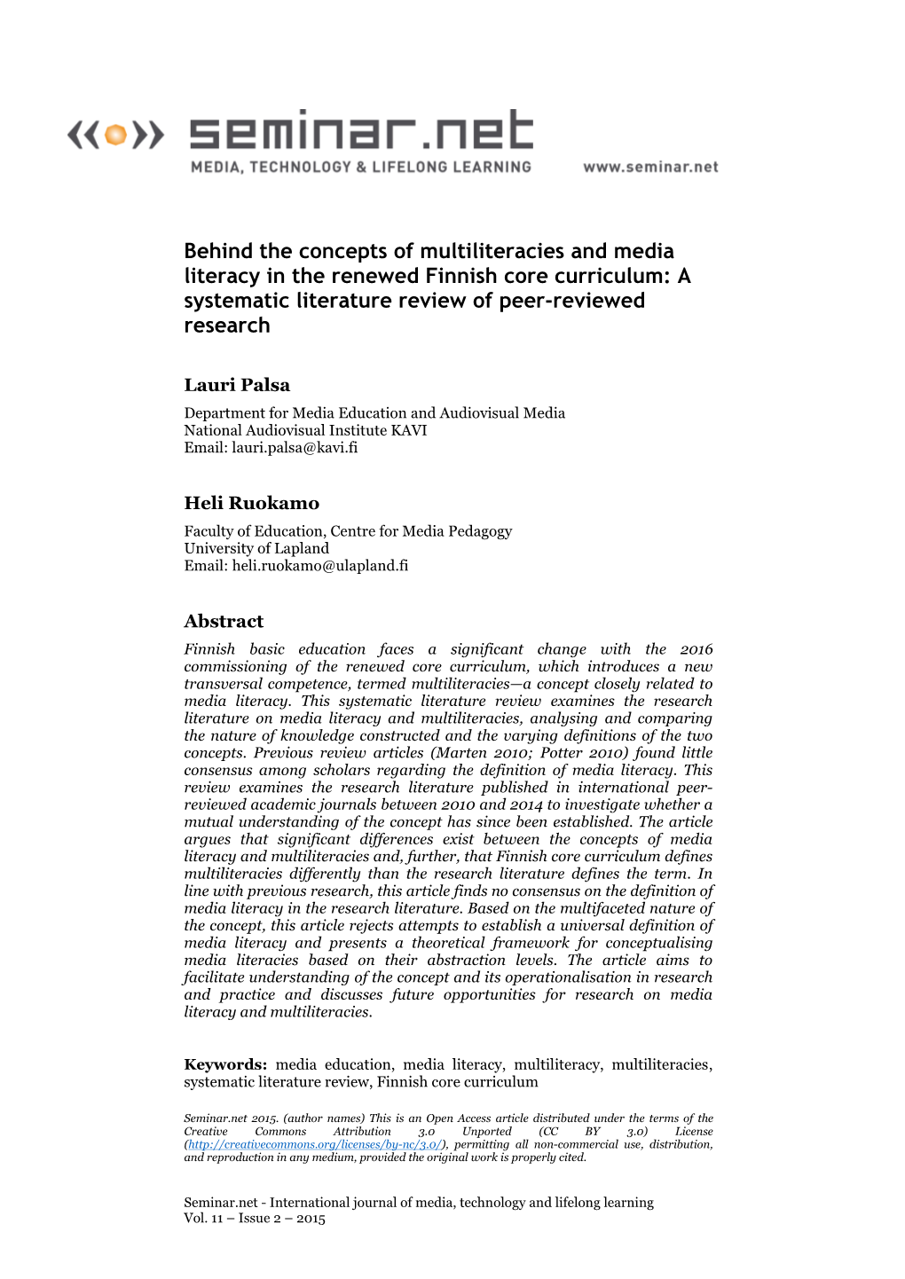 Behind the Concepts of Multiliteracies and Media Literacy in the Renewed Finnish Core Curriculum: a Systematic Literature Review of Peer-Reviewed Research