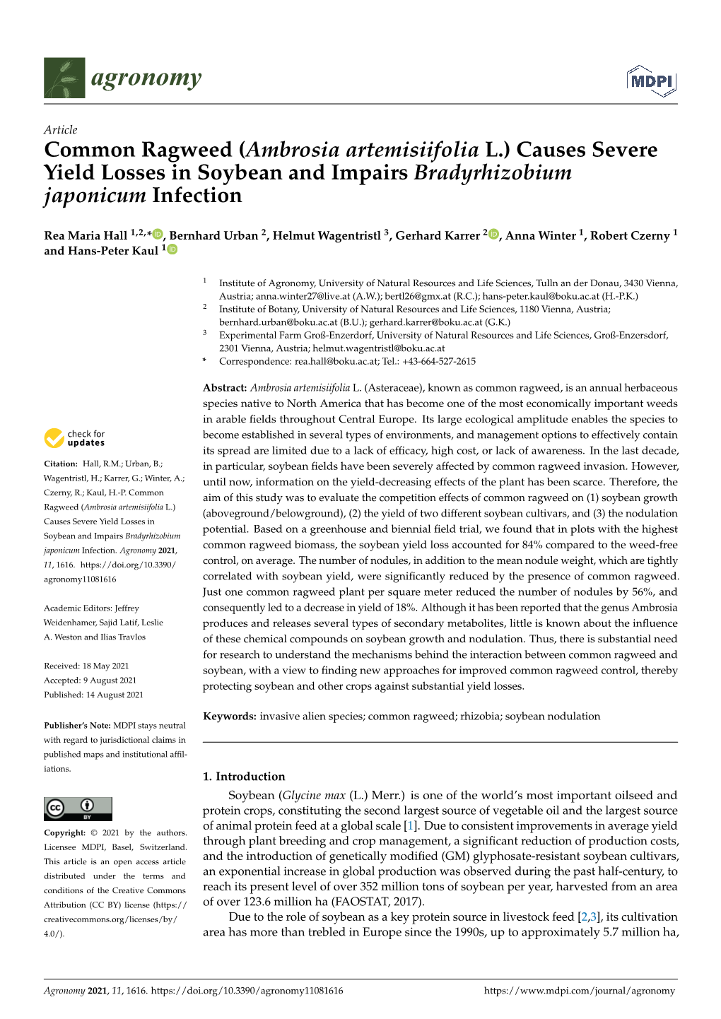 Common Ragweed (Ambrosia Artemisiifolia L.) Causes Severe Yield Losses in Soybean and Impairs Bradyrhizobium Japonicum Infection