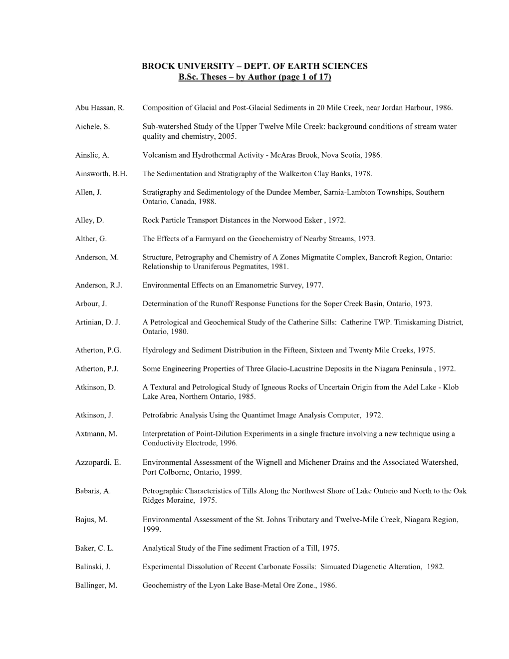 DEPT. of EARTH SCIENCES B.Sc. Theses – by Author (Page 1 of 17)