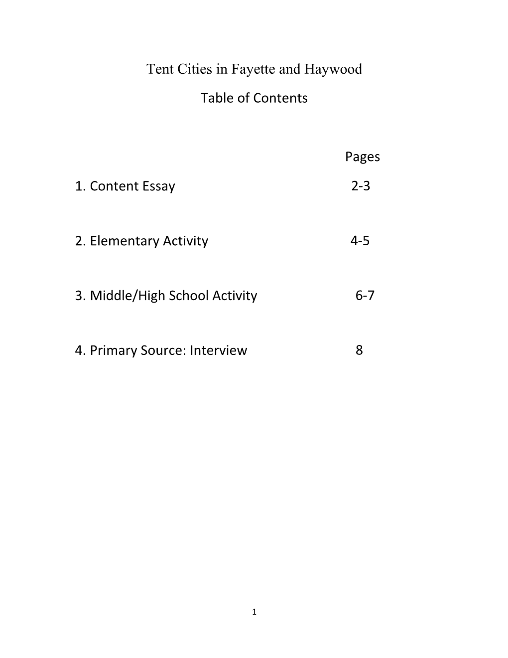 Tent Cities in Fayette and Haywood Table of Contents