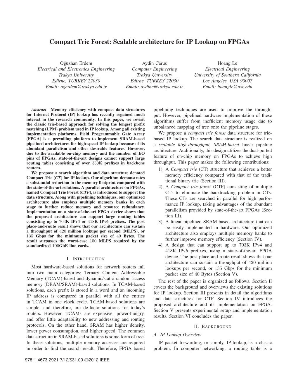 Compact Trie Forest: Scalable Architecture for IP Lookup on Fpgas