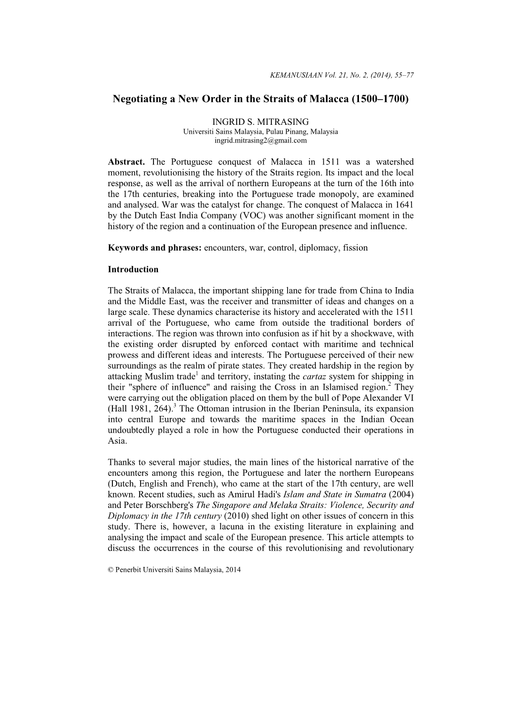 Negotiating a New Order in the Straits of Malacca (1500–1700)