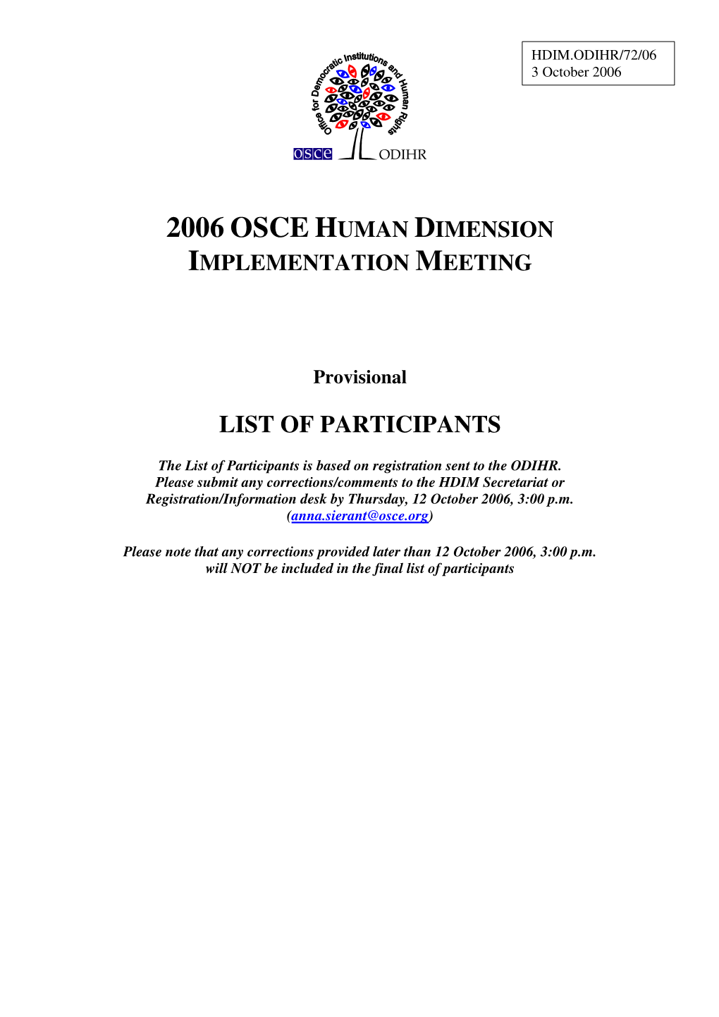 2006 Osce Human Dimension Implementation Meeting