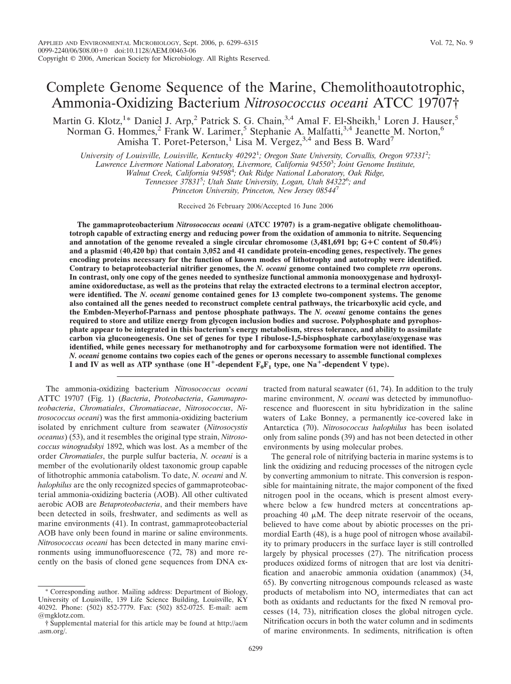 Complete Genome Sequence of the Marine, Chemolithoautotrophic, Ammonia-Oxidizing Bacterium Nitrosococcus Oceani ATCC 19707† Martin G