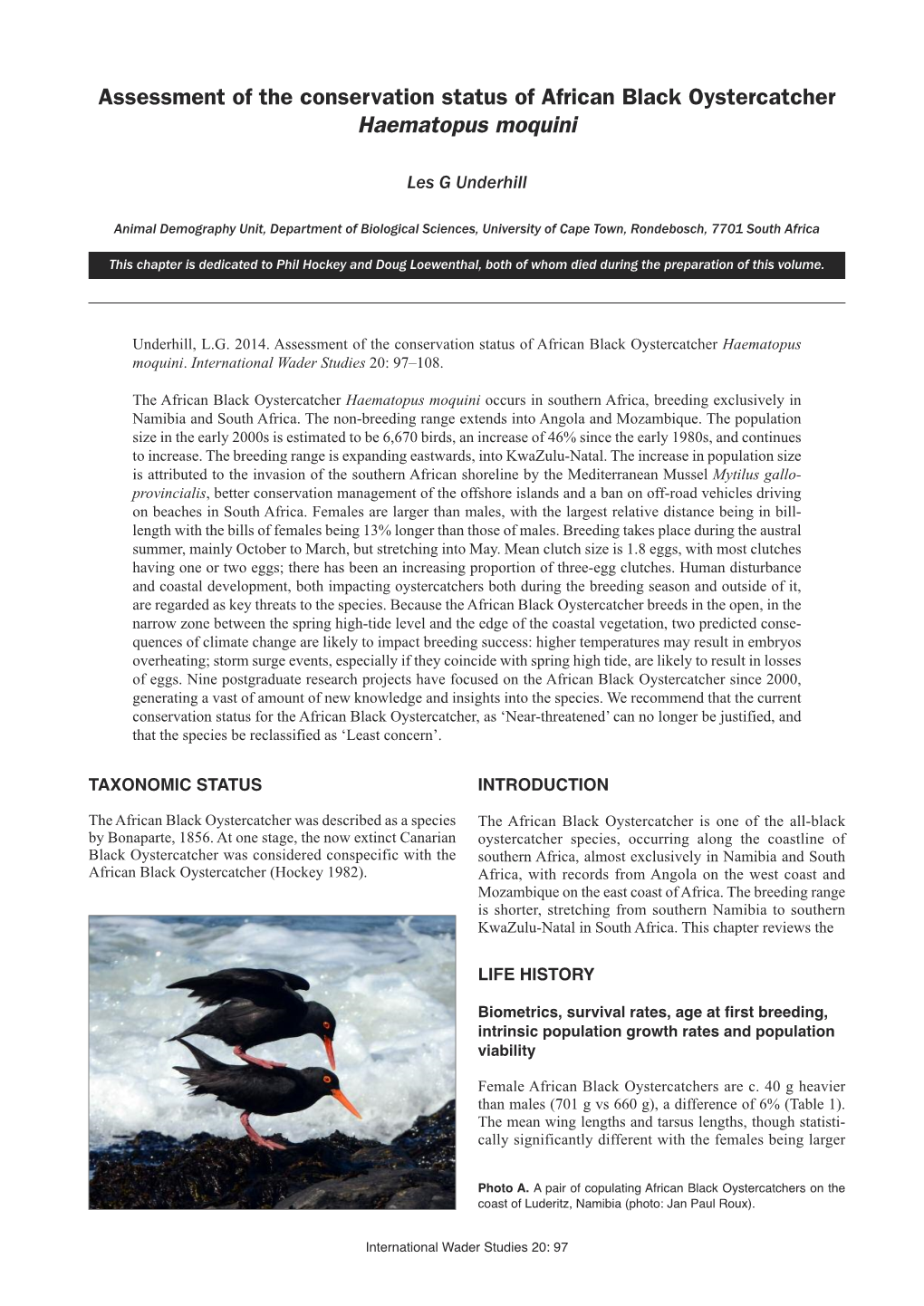 Assessment of the Conservation Status of African Black Oystercatcher Haematopus Moquini