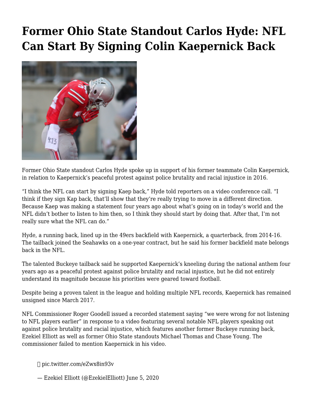 Former Ohio State Standout Carlos Hyde: NFL Can Start by Signing Colin Kaepernick Back